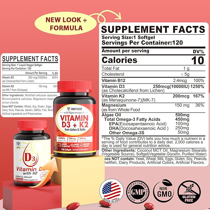 Vitamin D3 10000 iu Supplement Plus K2 (MK-7) 200 mcg, Omega 3, Methyl B12, Magnesium, Plant Based Vitamin D3 K2 Softgels for Bone, Muscle & Immune, Higher Absorption, Easy to Swallow, 2 Pack