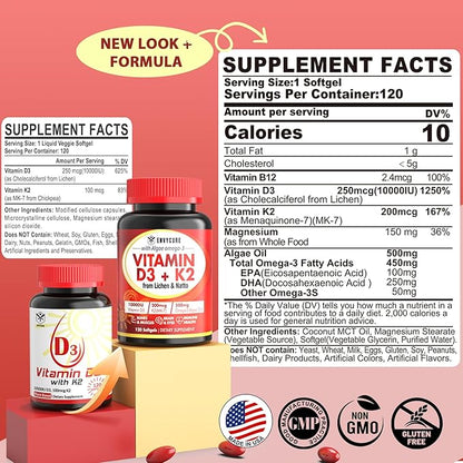 Vitamin D3 10000 iu Supplement Plus K2 (MK-7) 200 mcg, Omega 3, Methyl B12, Magnesium, Plant Based Vitamin D3 K2 Softgels for Bone, Muscle & Immune, Higher Absorption, Easy to Swallow, 2 Pack