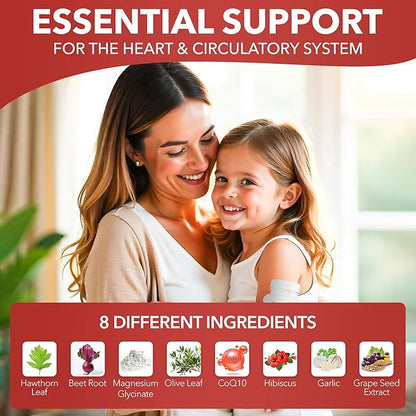 Healthy Heart - Promotes Healthy Cholesterol Circulation & Blood Pressure - Plaque - Cortisol - Arteries - LDL - HDL - CoQ10 - Hawthorne - Beet Root - Garlic - Olive Leaf - Hibiscus - 60 Count