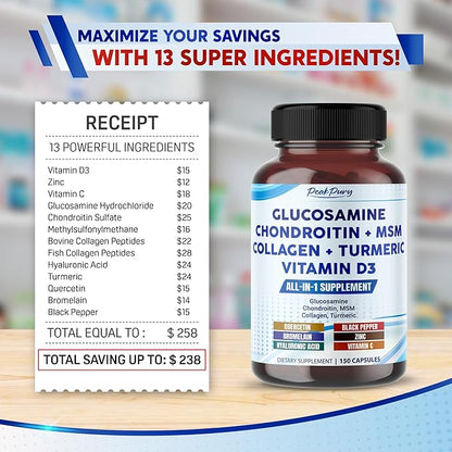 Glucosamine Chondroitin MSM Collagen Turmeric - Joint Health Support- Made in USA