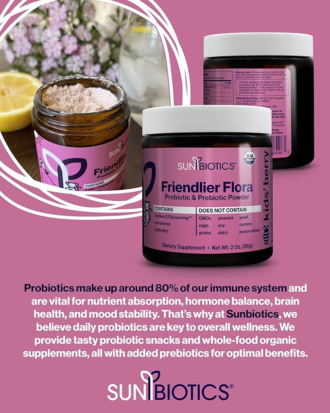 Friendlier Flora - Kids Prebiotic and Probiotic Powder Supplement with 5 Billion CFUs of 5 Probiotic Strains for Good Gut Flora, Immune System, & Balanced Microbiome - Berry, 2 Ounce