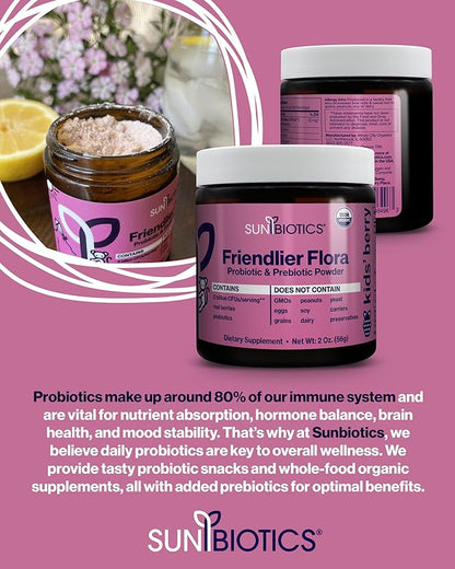 Friendlier Flora - Kids Prebiotic and Probiotic Powder Supplement with 5 Billion CFUs of 5 Probiotic Strains for Good Gut Flora, Immune System, & Balanced Microbiome - Berry, 2 Ounce