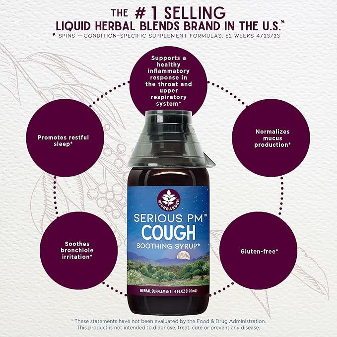 WishGarden Herbs Serious Cough PM Soothing Syrup - Natural Herbal Nighttime Cough Suppressant for Adults with Mullein Leaf Calms Cough Reflex, Normalizes Mucus Production, Supports Restful Sleep, 4oz
