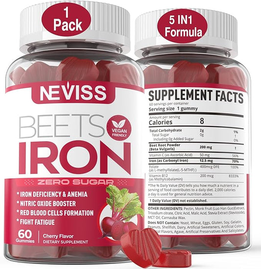 Beet Root Gummies with Iron, Methyl B12, Folate, Vitamin C - Made in USA - Increase Nitric Oxide & Iron Levels, Energy Support, Fight Fatigue, Beetroot & Gentle Iron Supplement, Sugar Free, 60 Counts