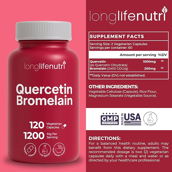 Quercetin 1000mg with Bromelain 200mg - 120 Vegetarian Capsules, Organic Dihydrate Complex for Joint Mobility & Respiratory Balance, 2-Month Supply, GMP Certified, Made in USA