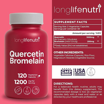 Quercetin 1000mg with Bromelain 200mg - 120 Vegetarian Capsules, Organic Dihydrate Complex for Joint Mobility & Respiratory Balance, 2-Month Supply, GMP Certified, Made in USA