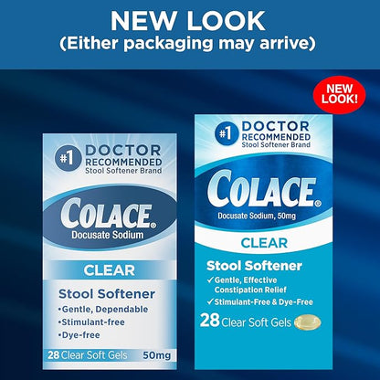 Colace Clear Stool Softener Soft Gel Capsules Constipation Relief 50mg Docusate Sodium Doctor Recommended 28ct