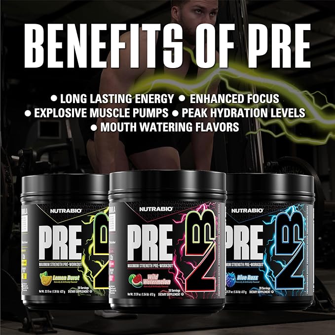 NutraBio PRE Workout Powder - New Formula- Sustained Energy, Mental Focus, Endurance - Beta Alanine, Caffeine, Electrolytes - 20 Servings - Lemon Burst