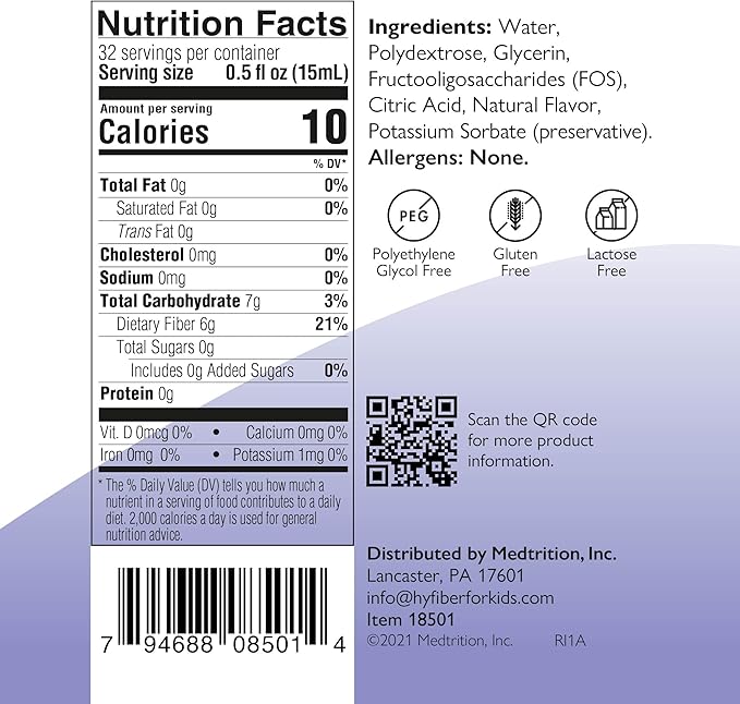 Medtrition HyFiber Liquid Fiber for Kids in Only One Tablespoon, Supports Regularity and Softer Stools, FOS Prebiotics for Gut Health, 6 Grams of Fiber, 32 Servings per Bottle (6 Bottles)
