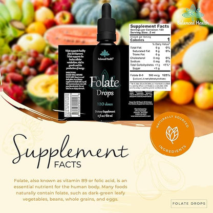 Folate Drops - 120 Servings, 2oz, Butterscotch Flavor, 500mcg L-5-MTHF Folic Acid Supplement