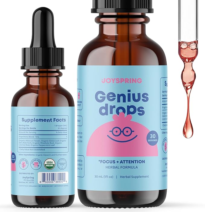 JoySpring Vitamin C + Elderberry Drops + Zinc for Kids Immune Support, Genius Drops for Focus, and Vitamin D for Kids