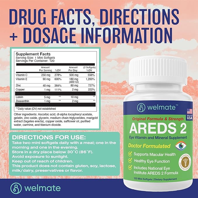 WELMATE - AREDS 2 (60 Servings) - Eye Vitamin and Mineral Supplement - Vitamin C, Zinc, Lutein, Zeaxanthin - Macular Health - Doctor Formulated & Tested - Eye Care - Gluten Free - 120 Mini Softgels