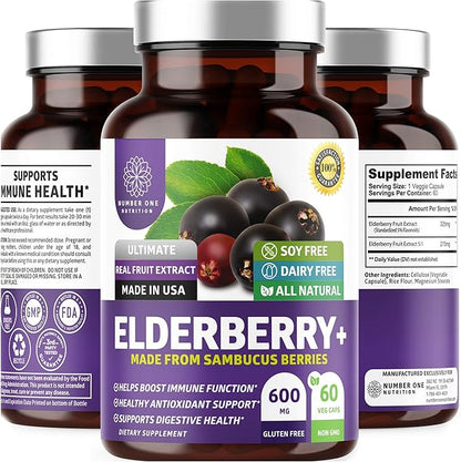 N1N Premium Black Elderberry Capsules for Adults [Max Strength] Pure and Potent Elderberry from Sambucus Nigra to Support Immunity & Skin Health, Non-GMO, Gluten Free, 60 Veg Caps