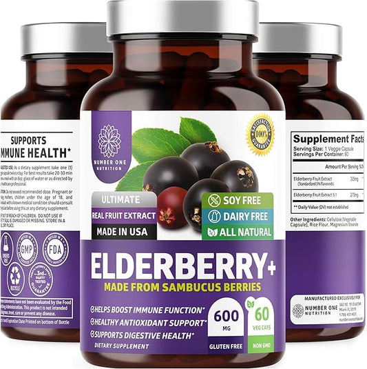 N1N Premium Black Elderberry Capsules for Adults [Max Strength] Pure and Potent Elderberry from Sambucus Nigra to Support Immunity & Skin Health, Non-GMO, Gluten Free, 60 Veg Caps