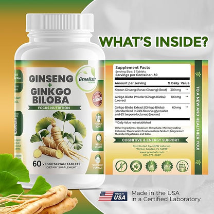 Ginko Biloba & Panax Ginseng Supplement - Red Ginseng Brain Supplement for Memory and Focus - Ginkgo Biloba Supplements for Good Vision, Immune System and Improved Blood Flow - 3 Bottles