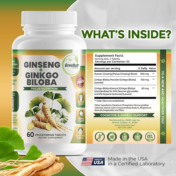 Ginko Biloba & Panax Ginseng Supplement - Red Ginseng Brain Supplement for Memory and Focus - Ginkgo Biloba Supplements for Good Vision, Immune System and Improved Blood Flow - 60 Tablets