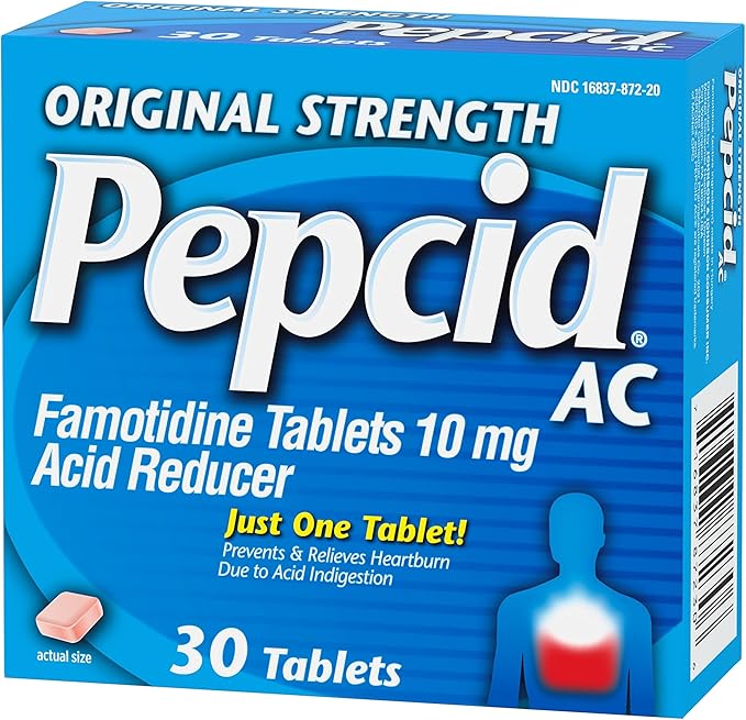 Pepcid AC Original Strength Heartburn Relief Tablets, OTC Medicine Prevents & Relieves Heartburn Due to Acid Indigestion & Sour Stomach, 10mg Famotidine Acid Reducer, Fast-Acting, 30 ct