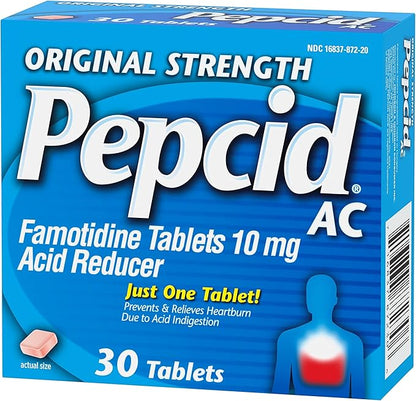 Pepcid AC Original Strength Heartburn Relief Tablets, OTC Medicine Prevents & Relieves Heartburn Due to Acid Indigestion & Sour Stomach, 10mg Famotidine Acid Reducer, Fast-Acting, 30 ct
