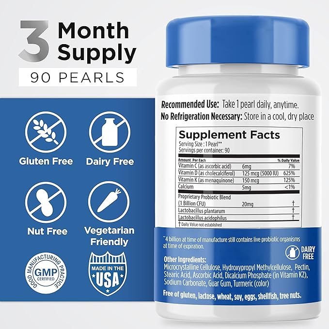 Earth's Pearl Vitamin D3 K2 5000 IU - 3-in-1 K2 D3 Vitamin Supplement with Probiotics for Women & Men, 3-Month Supply, Gut Health Supplements for Women & Men (90 CT)