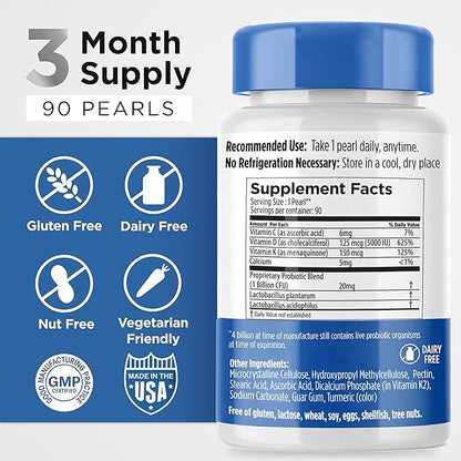 Earth's Pearl Vitamin D3 K2 5000 IU - 3-in-1 K2 D3 Vitamin Supplement with Probiotics for Women & Men, 3-Month Supply, Gut Health Supplements for Women & Men (90 CT)