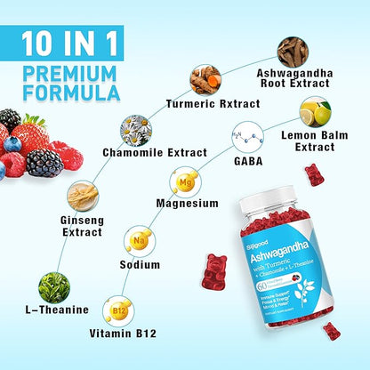 Ashwagandha Gummies with L-theanine, Ashwa Root Supplement Gummy for Women Men, 60 Mixed Berry Flavored Gummies