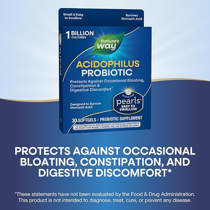 Nature's Way Acidophilus Probiotic Pearls, Supports Digestive Balance and Gut Health*, Protects Against Occasional Constipation and Bloating*, 1 Billion Live Cultures, 30 Softgels