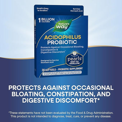 Nature's Way Acidophilus Probiotic Pearls, Supports Digestive Balance and Gut Health*, Protects Against Occasional Constipation and Bloating*, 1 Billion Live Cultures, 30 Softgels