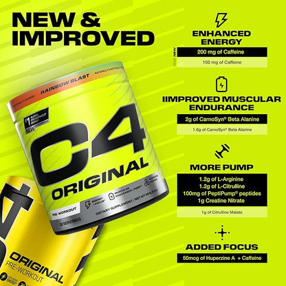 Cellucor C4 Original Pre Workout Powder Sugar Free for Men & Women 200mg Caffeine + CarnoSyn Beta-Alanine + Creatine + AI Peptides - Rainbow Blast, 30 Servings