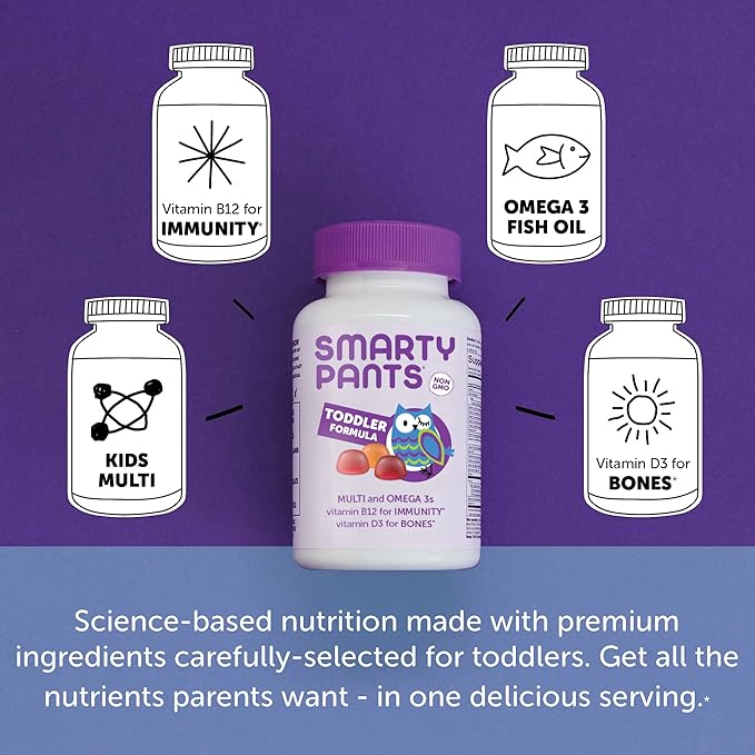 SmartyPants Toddler Multivitamin Gummies: Omega 3 Fish Oil (EPA/DHA), Vitamin D3, C, Vitamin B12, B6, A, K & Zinc, Biotin, Beta Carotene, Gluten Free, Three Fruit Flavors, 180 Count (60 Day Supply)