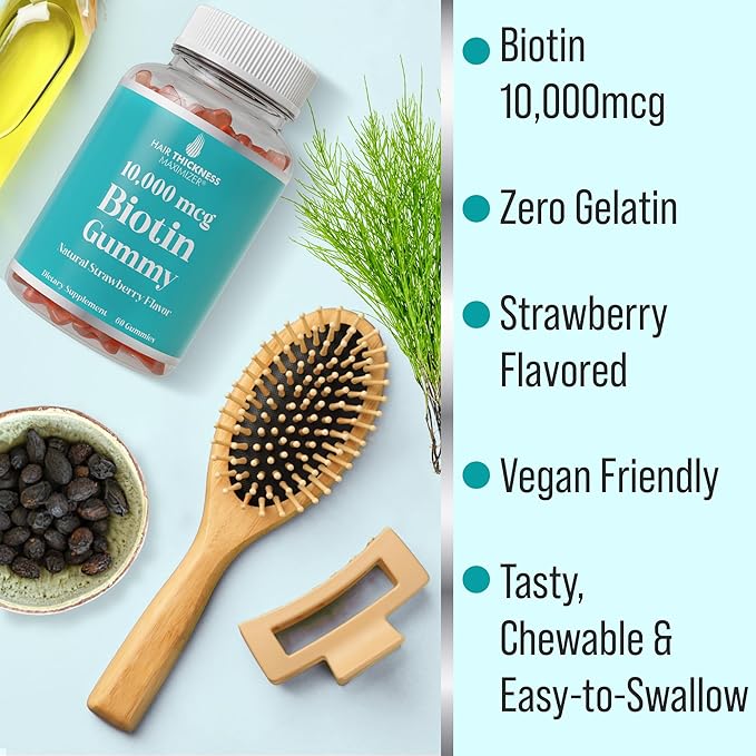 Ultra High Strength Biotin Gummies for Hair Growth for Women and Men. Gelatin Free, Vegan Biotin 10000mcg Chewables for Stronger Hair Skin and Nails. Great Tasting Strawberry Flavored Gummy