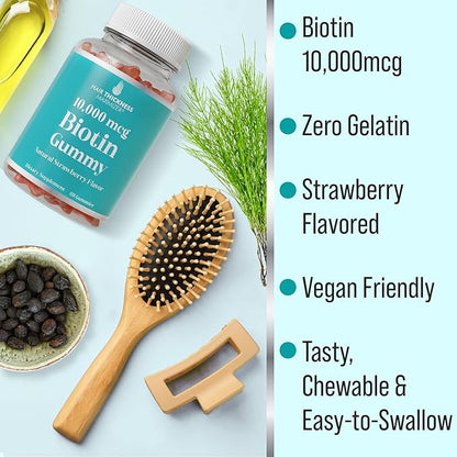 Ultra High Strength Biotin Gummies for Hair Growth for Women and Men. Gelatin Free, Vegan Biotin 10000mcg Chewables for Stronger Hair Skin and Nails. Great Tasting Strawberry Flavored Gummy
