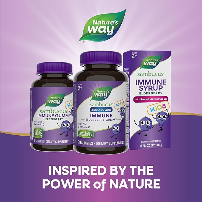 Nature's Way Sambucus Zero Sugar Immune Gummies for Kids, Daily Immune Support*, Black Elderberry Extract, Vitamin C, Zinc, No Sugar Alcohols, Plant-Based Sweeteners, 70 Gummies
