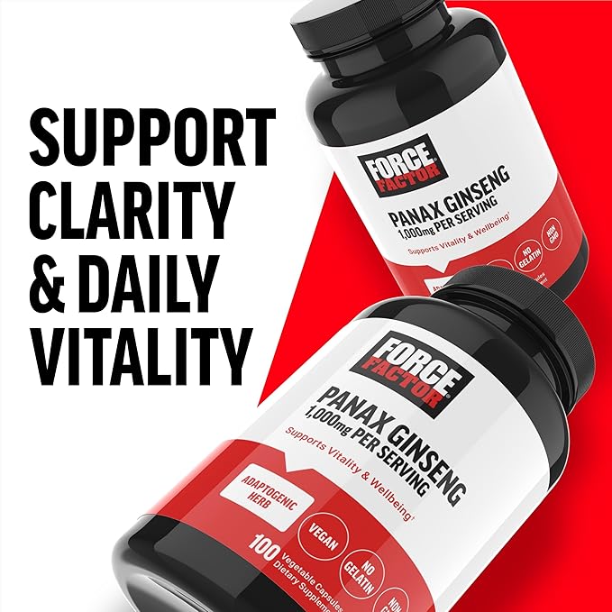 FORCE FACTOR Panax Ginseng Adaptogenic Korean Ginseng Supplement to Support Energy, Clarity, and Well Being, Non-GMO, Vegan-Friendly, Premium Quality, 100 Capsules