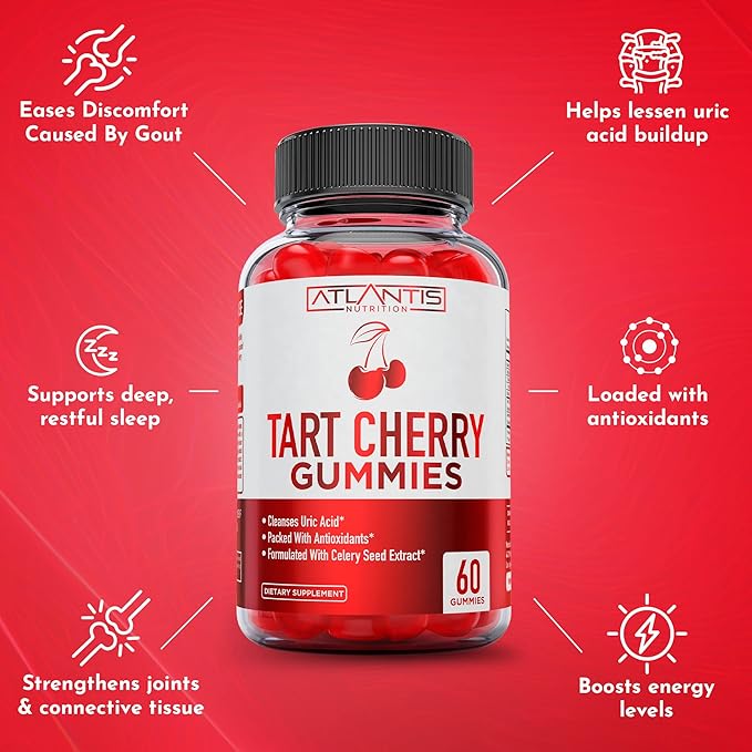 Atlantis Nutrition Tart Cherry Gummies with Celery Seed Extract - Advanced Uric Acid Cleanse for Immediate Gout Relief, Joint Relief & Recovery | Powerful Antioxidant with Joint Support - 60 Gummies