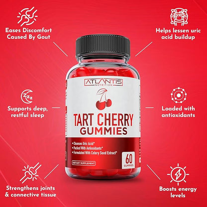 Atlantis Nutrition Tart Cherry Gummies with Celery Seed Extract - Advanced Uric Acid Cleanse for Immediate Gout Relief, Joint Relief & Recovery | Powerful Antioxidant with Joint Support - 60 Gummies