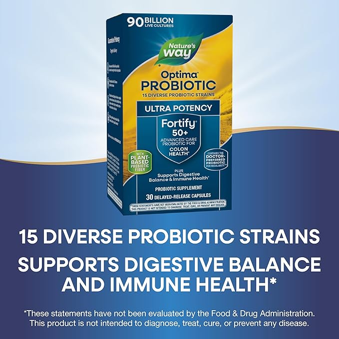 Nature's Way Fortify Optima Probiotic for Adults 50+, 90 Billion Live Cultures, 15 Strains, Colon Health*, Supports Digestive Balance and Immune Health*, 30 Capsules (Packaging May Vary)