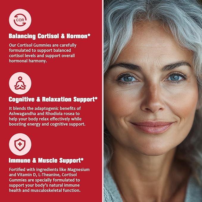 Cortisol Gummies for Women with Ashwagandha, Rhodiola Rosea, L-Theanine, Magnesium, Vitamin D3 for Zzz Support, Balanced Cortisol, Vegan, 60 Gummies