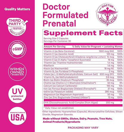 Pink Stork Total Prenatal Vitamins with DHA, Folate, Iron, Choline, and Vitamin B12 - Prenatals for Women to Support Fetal Development, Pregnancy Must Haves, Berry Essence, 60 Capsules, 1 Month Supply