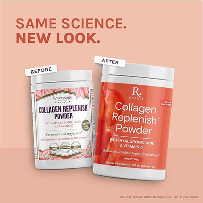 Reserveage Nutrition Collagen Replenish Powder with Hyaluronic Acid & Vitamin C - No-Taste Collagen for Radiant Skin Care, Hair Growth & Cellulite Reduction - Mixes Easily - 8.25 oz