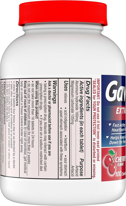 Gaviscon Extra Strength Cherry Chewable Tablet For Fast-Acting Heartburn Relief, 100 Count