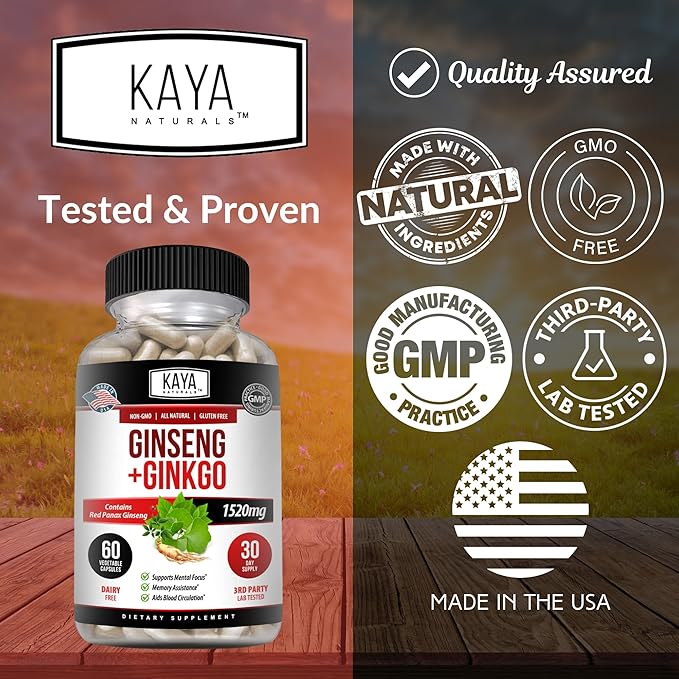 Kaya Naturals Red Panax Ginseng + Ginkgo Biloba - Nootropic Brain Supplement - Cognitive and Concentration Support - Brain Booster, Focus, and Memory Supplement - 60 Capsules