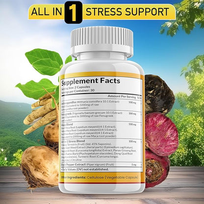 Ashwagandha Maca Root, Fenugreek Supplement with Tongkat Ali Ginseng - Assists with Mood & Thyroid Health - 60 Count