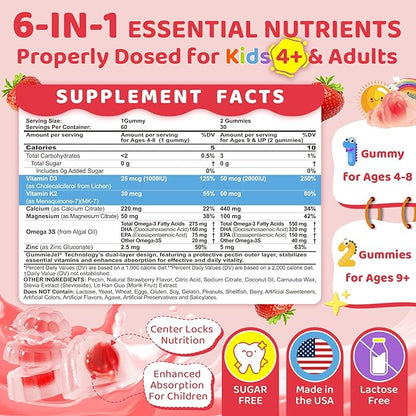 2Pack Vitamin D3 K2 Filled Gummies for Kids & Adults, 1000IU/2000IU D3 + K2(MK-7) with Calcium, Magnesium & Algal Omega 3(EPA/DHA) for Bones, Teeth, Muscles, Brain, Low-dose Vitamins, Sugar-Free