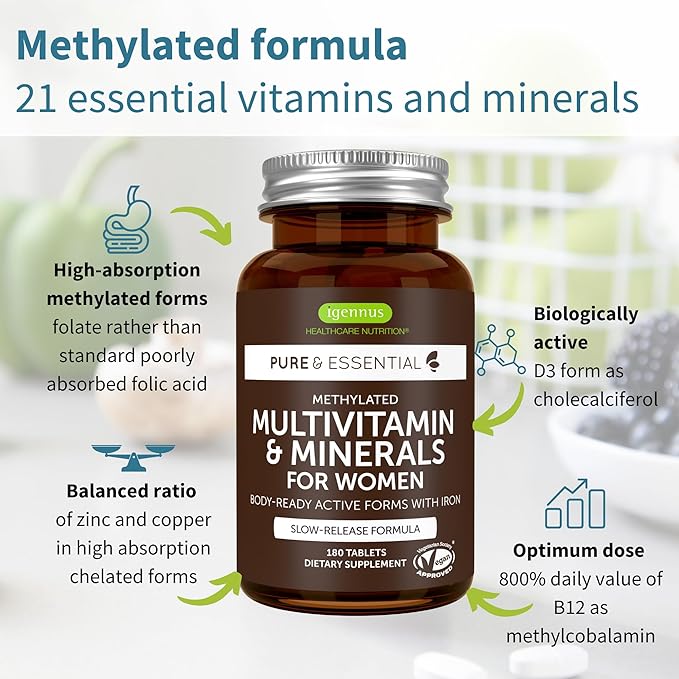 Igennus Methylated Women's Multivitamin, Methylated Folate for MTHFR, 21 Highly Bioavailable Nutrients, Clean Label & Sustained Release, with Iron, Non-GMO, Halal, 180 Vegan Tablets