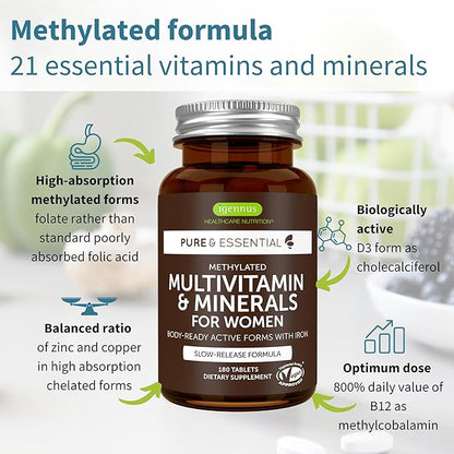 Igennus Methylated Women's Multivitamin, Methylated Folate for MTHFR, 21 Highly Bioavailable Nutrients, Clean Label & Sustained Release, with Iron, Non-GMO, Halal, 180 Vegan Tablets