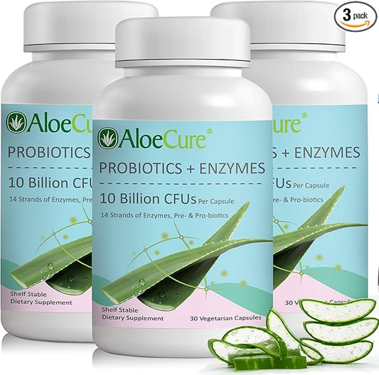 AloeCure Probiotics with 10 Billion CFU for Women's Health + Enzymes, Prebiotics, & Aloe Vera for Full Spectrum Support to Maximize Absorption & Gut Support for Men and Women, 30ct x 3 btls
