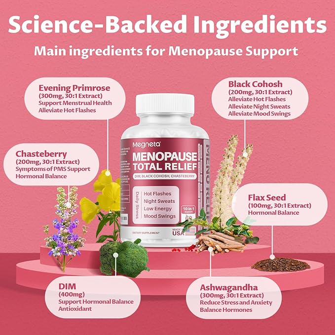 MEGNTEA Menopausal Supplements for Women, Black Cohosh for Menopause Hot Flashes, with DIM, Chasteberry, Evening Primrose, Flax Seed & Ashwagandha (60 Capsules)