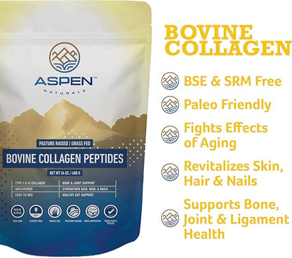 ASPEN NATURALS Bovine Collagen Peptides Powder 24 Oz – Type I & III | Grass Fed, Pasture Raised | Healthy Hair, Skin & Nails | Gut Support | Paleo Friendly, Unflavoured, Gluten-Free