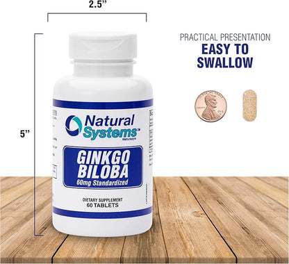 Ginkgo Biloba 60 mg by Natural Systems 60 Tablets - Gingko Biloba Powder Brain Supplement - Ginkgo Biloba Concentration Supplements - Memory Vitamins for Men and Women - Boost Energy Supplements