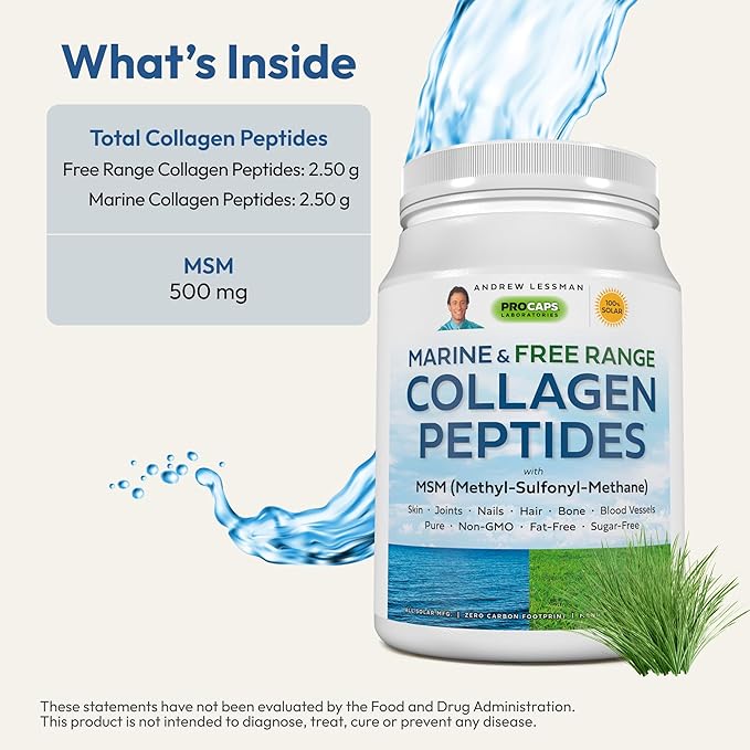 ANDREW LESSMAN Marine, Free Range Collagen Peptides Powder and MSM 60 Servings - Supports Radiant Smooth Soft Skin, Comfortable Joints. Super Soluble No Fishy Flavor No Additives Non-GMO